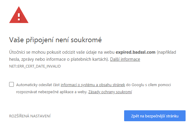 Expirovaný SSL certifikát (Chrome)